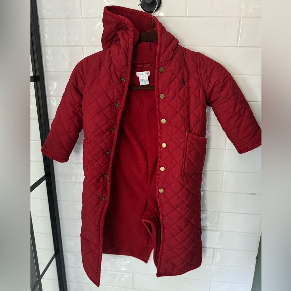 Ralph Lauren red quilted baby bunting snowsuit w fleece lining and hood, 18 mo